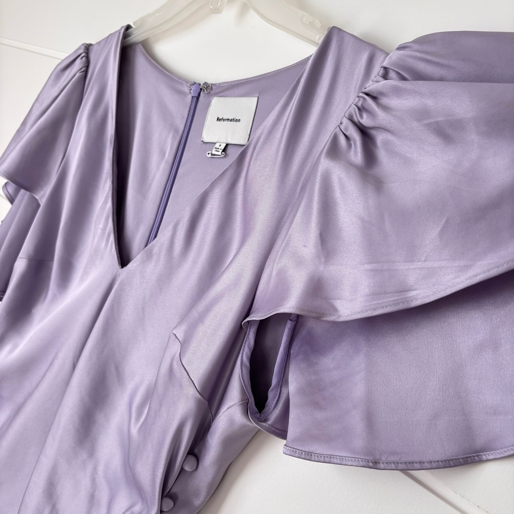 REFORMATION Vida ruffle-sleeve Satin Maxi Dress Lavender Women's Size 6 - Picture 6 of 17